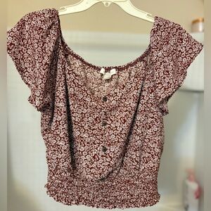 Brown and White Floral Crop Top Blouse